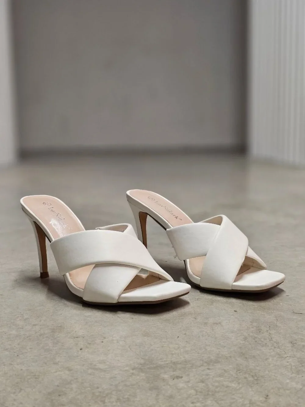 White Cross Strap Stiletto Heel Mules With Square Toe Design For Women